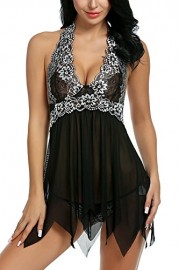 Sweetnight Women Sexy Lingerie Lace Mesh Chemise Babydoll Sleepwear Halter Nightwear Set - My look - $5.99 