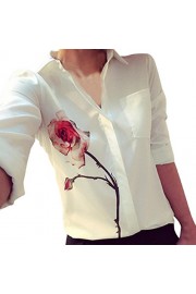 TOPUNDER Women Long Sleeve Rose Flower Blouse Turn Down Collar Chiffon Shirts - Moj look - $7.99  ~ 6.86€