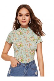 Verdusa Women's Floral Print Mock Neck Form Fitted T-Shirt Top - Moj look - $13.99  ~ 12.02€
