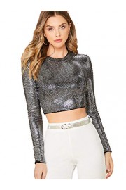 Verdusa Women's Sequin Metallic Long Sleeve Slim Fitted Crop Tee Top - My look - $21.99 