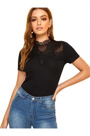 WDIRARA Women's Floral Lace Short Sleeve Elegant Patchwork Neck Top Blouse - O meu olhar - $7.99  ~ 6.86€