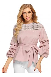 WDIRARA Women's Hollow Out Lace Knot Belted 3/4 Bishop Sleeve Elegant Blouse - My look - $18.99 