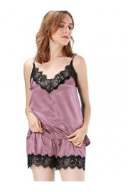 WDIRARA Women's Lace Trim Satin Sleepwear V Neck Cami Top and Shorts Pajama Set - O meu olhar - $9.99  ~ 8.58€