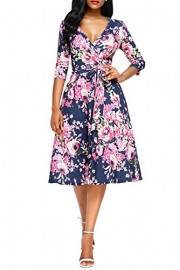 Women Blossom Printed Wrap V Neck 3/4 Sleeve Knee Length Strappy Floral Above Knee Dress With Belt - My look - $25.20 