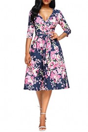 Women Blossom Printed Wrap V Neck 3/4 Sleeve Knee Length Strappy Floral Above Knee Dress With Belt - Mi look - $25.20  ~ 21.64€