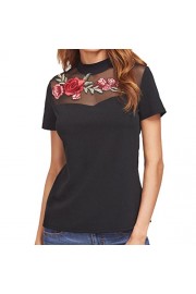 Women Blouse, TOPUNDER Black Embroidered Rose Applique Mesh Neck T-shirt - My look - $7.99 