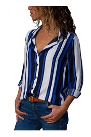 Women Casual Cuffed Long Sleeve V Neck Button up Color Block Stripes Blouse Tops S-XXL - My look - $9.99 