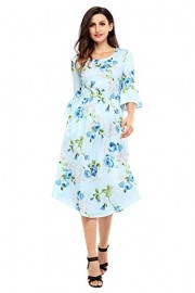 Women Casual Round Neck 3/4 Bell Sleeve Floral Midi Dress Cinch Waist Summer Boho Dresses With Side Pockets - My look - $22.89 