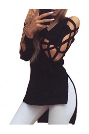 Women Hollow Long Sleeve Solid Tops Irregular Side Slit Blouse T Shirt - My时装实拍 - $11.09  ~ ¥74.31