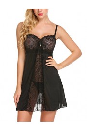 Women Lingerie Lace Babydoll Mini Strap Chemise V Neck Sheer Sleepwear Outfits with G-String - My look - $9.99 