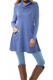 Women's Long Sleeve Cowl Neck Cotton Slim Casual Tunic Tops Blouse with Pockets - Myファッションスナップ - $69.99  ~ ¥7,877