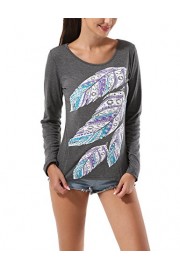 Women's Long Sleeve Round Neck Feather Print Back Lace Top Blouse T Shirt - My时装实拍 - $6.99  ~ ¥46.84