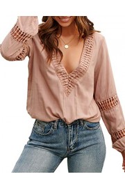 Womens Sexy Deep V Neck Blouse Hollow Out Lantern Sleeve Casual Loose Fit Summer T-Shirts Tops - My look - $9.99 
