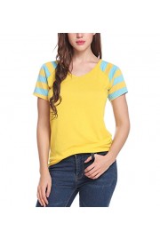 Womens Summer Raglan Baseball Tee V Neck Shirts with Stripe Sleeves (XL, Yellow) - My时装实拍 - $13.99  ~ ¥93.74