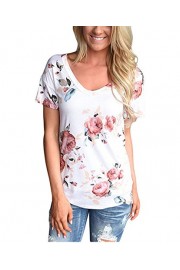 Womens Summer Short Sleeve V Neck Floral Print Blouses Loose Fit Tops Tee Shirts - My时装实拍 - $9.99  ~ ¥66.94