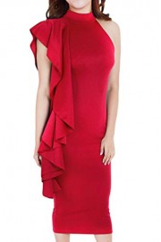 YMING Women's Bodycon Ruffle One Shoulder Mermaid Wrap Midi Dress - Моя внешность - $38.99  ~ 33.49€
