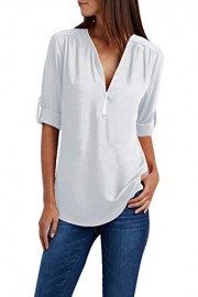 YMING Women's Zipper Blouse Chiffon Casual Summer Shirt V Neck Top - Mein aussehen - $20.99  ~ 18.03€