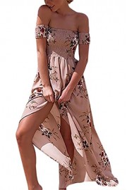 Yidarton Womens Summer Beach Boho Maxi Dresses Chiffon Off the Shoulder Floral Print Split Long Dress with Short Sleeves - My时装实拍 - $9.99  ~ ¥66.94