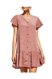 Youxiua Womens Polka Dot T-Shirt Dress V Nevk Button Down Short Sleeve Casual Loose Ruffles Swing Mini Dress - My look - $14.98 