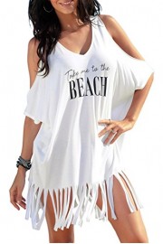 Ytwysj Women's Casual Cold Shoulder Letter Printing with Fringe Hemline Bikini Swimwear Beach Cover Ups Tunic Dress Pullovers - My look - $12.99 