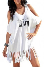 Ytwysj Women's Casual Cold Shoulder Letter Printing with Fringe Hemline Bikini Swimwear Beach Cover Ups Tunic Dress Pullovers - Mi look - $12.99  ~ 11.16€