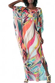 Ytwysj Women's Sexy Artistic colorful Floral Print Chiffon Beach Long Kaftan Smock Kimono Cover Up Tunic Dress Beachwear - My look - $16.67 