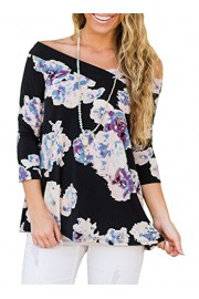 ZESICA Women's Long Sleeve Floral Printed Off The Shoulder Casual Loose T Shirt Blouse - Mi look - $9.99  ~ 8.58€