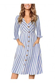 ZESICA Women's Long Sleeve Striped V Neck Button Down Casual Midi Dress with Pockets - Mi look - $19.99  ~ 17.17€