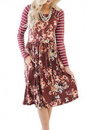 ZESICA Women's Stiped Raglan Sleeve Floral Printed Casual Swing Pleated T-Shirt Dress with Pockets - Моя внешность - $16.99  ~ 14.59€