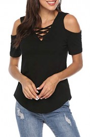 Zattcas Cold Shoulder Tops for Women Short Sleeve V Neck Tops Criss Cross Shirts - O meu olhar - $19.99  ~ 17.17€