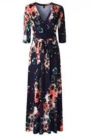 Zattcas Womens 3/4 Sleeve Floral Print Faux Wrap Long Maxi Dress with Belt - Myファッションスナップ - $25.99  ~ ¥2,925