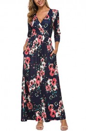 Zattcas Womens Wrap V Neck 3/4 Sleeve Maxi Dress Pocket Empire Floral Maxi Dress - O meu olhar - $19.99  ~ 17.17€
