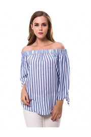 cmz2005 Women's Off The Shoulder Stripe Blouse Casual Tie Knot Sleeves Shirt Top 715311 - Moj look - $9.90  ~ 8.50€