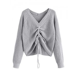 ZAFUL Women's V Neck Front Knot Sweater Casual Long Sleeve Solid Pullover Jumper Top