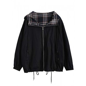 ZAFUL Women's Zip Up Drawstring Reversible Plaid Hooded Vintage Jacket